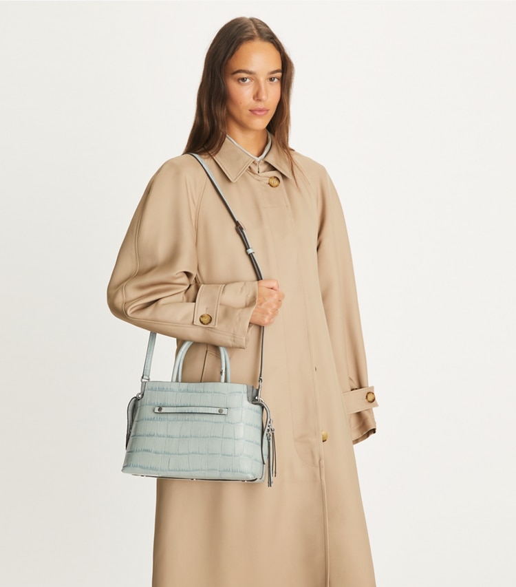 Tory Burch designer satchels Mercer Croc Embossed Satchel in Blue Celadon accessory on model