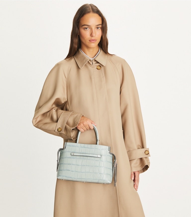 Tory Burch designer satchels Mercer Croc Embossed Satchel in Blue Celadon angle
