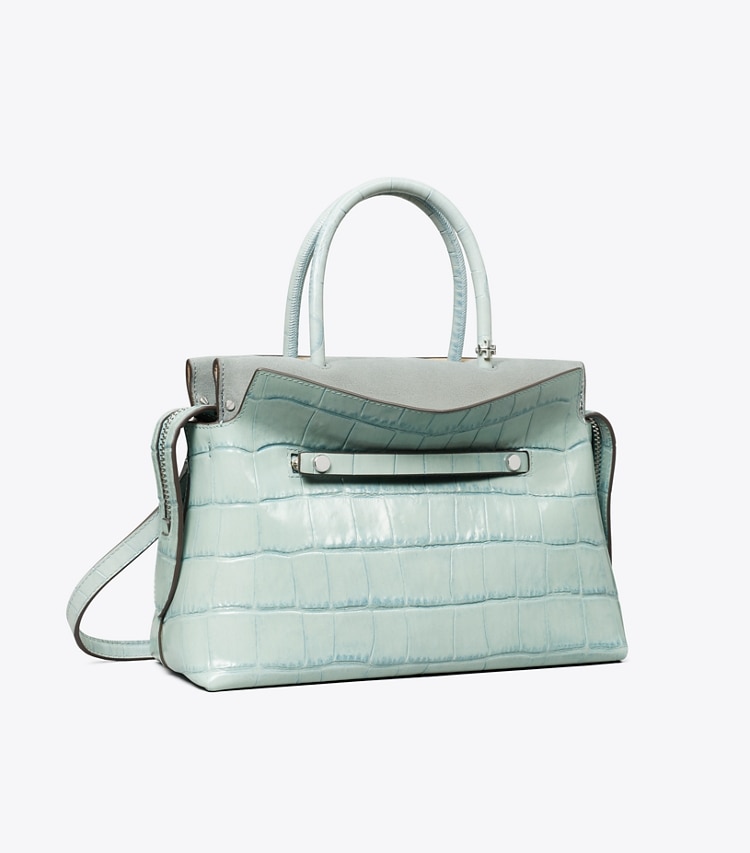 Tory Burch designer satchels Mercer Croc Embossed Satchel in Blue Celadon angle