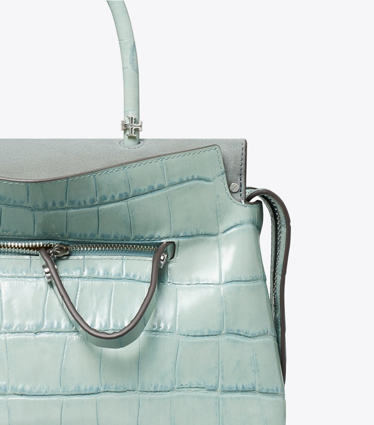 Tory Burch designer satchels Mercer Croc Embossed Satchel in Blue Celadon angle
