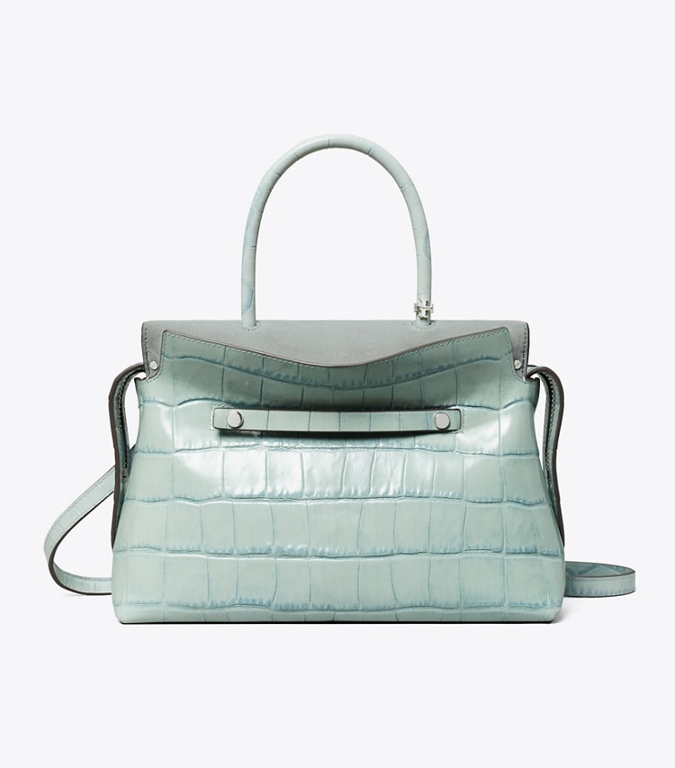 Tory Burch designer satchels Mercer Croc Embossed Satchel in Blue Celadon front