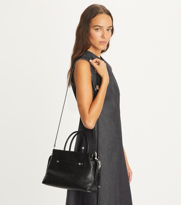 Tory Burch designer satchels Mercer Distressed Satchel in Black accessory on model