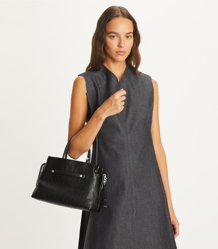 Tory Burch designer satchels Mercer Distressed Satchel in Black additional on model