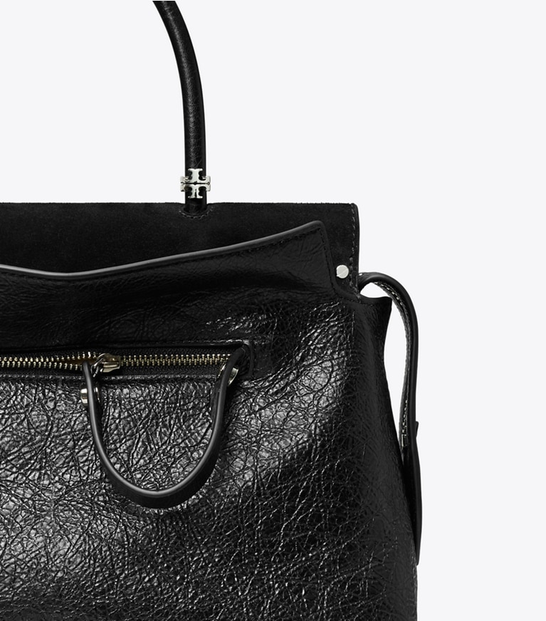 Tory Burch designer satchels Mercer Distressed Satchel in Black angle