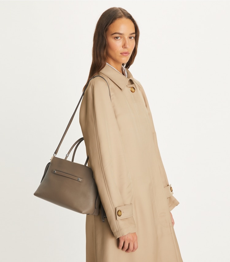 Tory Burch designer satchels Mercer Pebbled Satchel in Wild Mushroom accessory on model