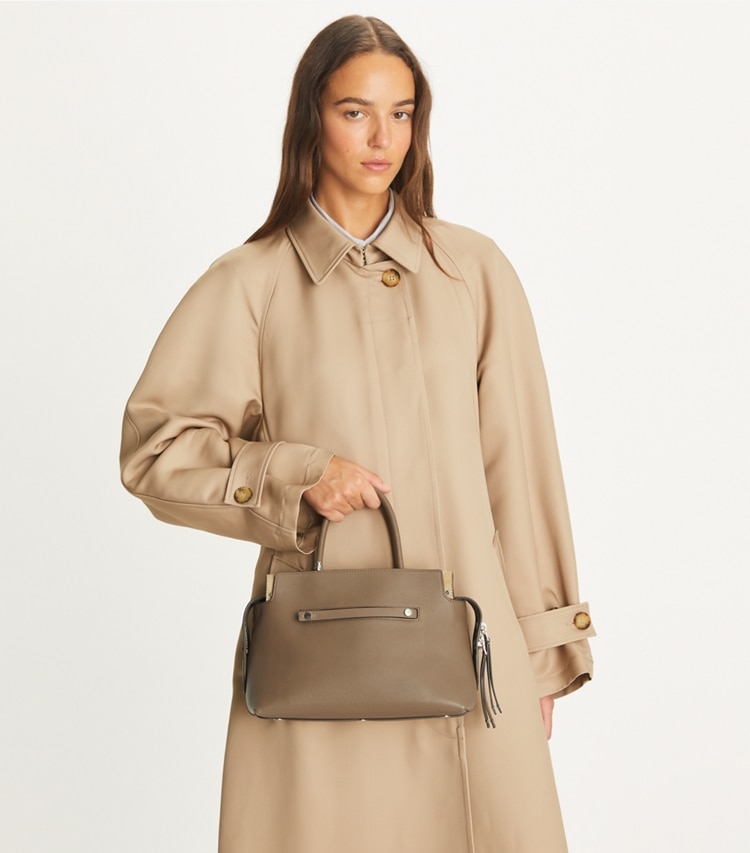 Tory Burch designer satchels Mercer Pebbled Satchel in Wild Mushroom additional on model