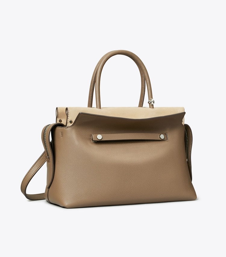 Tory Burch designer satchels Mercer Pebbled Satchel in Wild Mushroom angle