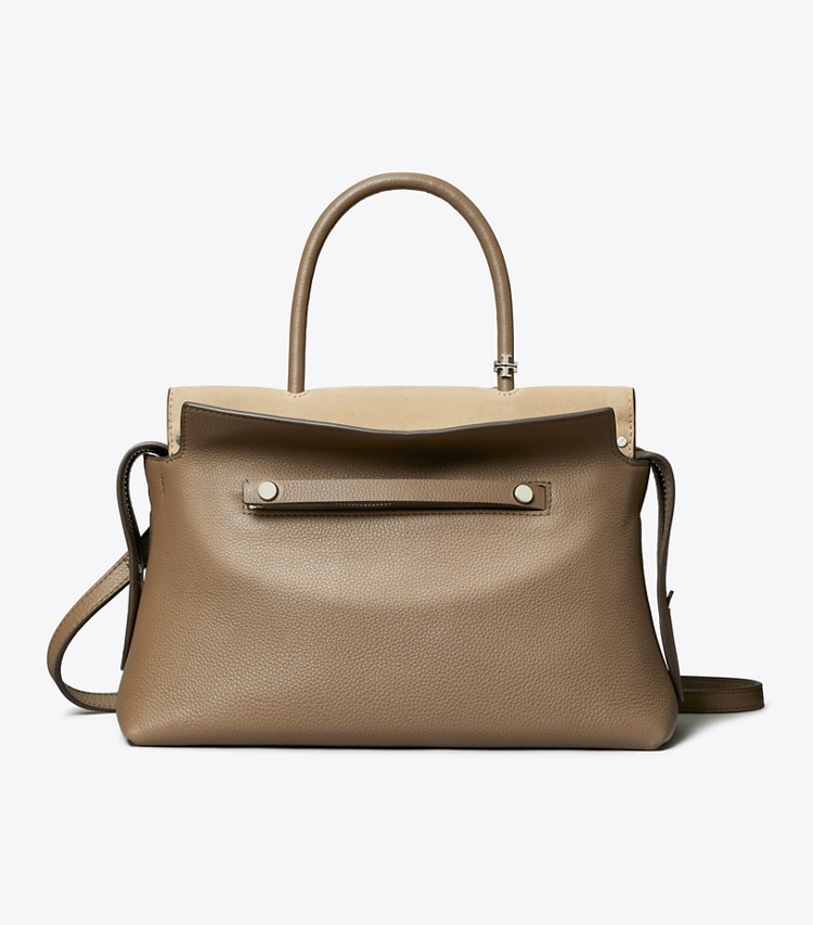 Tory Burch designer satchels Mercer Pebbled Satchel in Wild Mushroom front