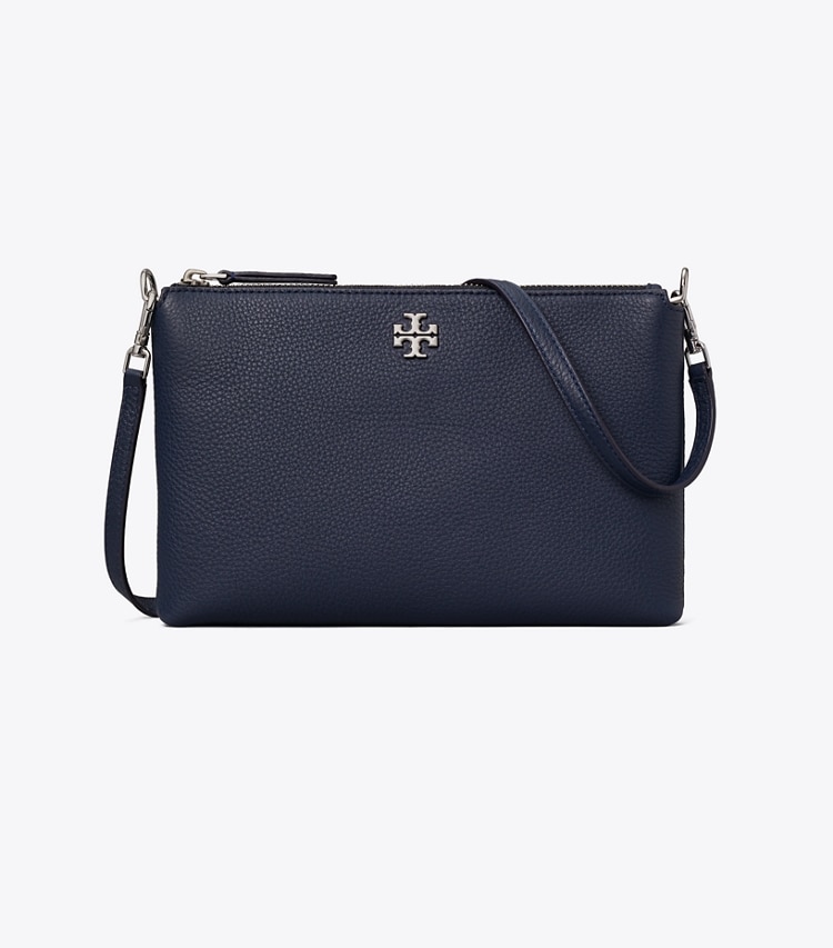 Tory Burch designer crossbody bags Mercer Pebbled Zip Crossbody in Dark Sky front
