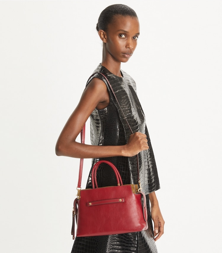 Tory Burch designer satchels Mercer Textured Satchel in Ruby additional on model