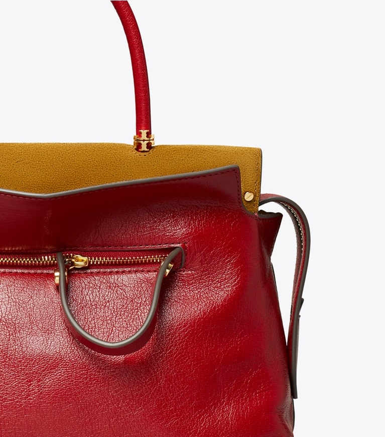Tory Burch designer satchels Mercer Textured Satchel in Ruby angle