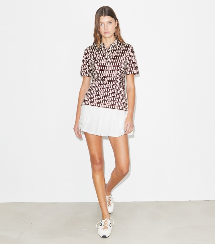 Tory Burch designer tops Mercerized Cotton Polo in New Ivory T Stripe on model front