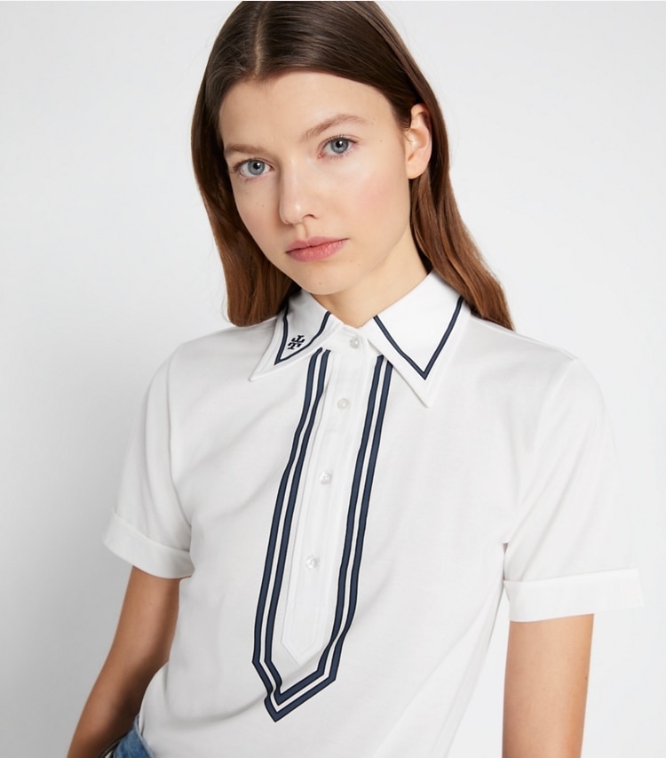 Tory Sport designer tops Mercerized Cotton Retro Polo in Snow White on model detail