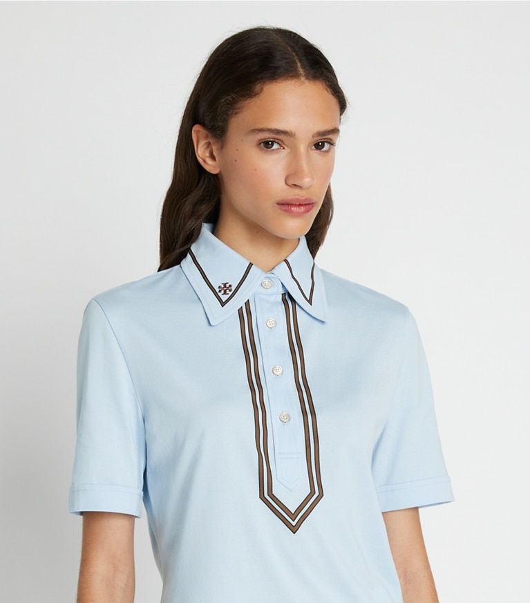 Tory Sport designer tops Mercerized Cotton Retro Polo in Ice Floe / Mocha Chip front