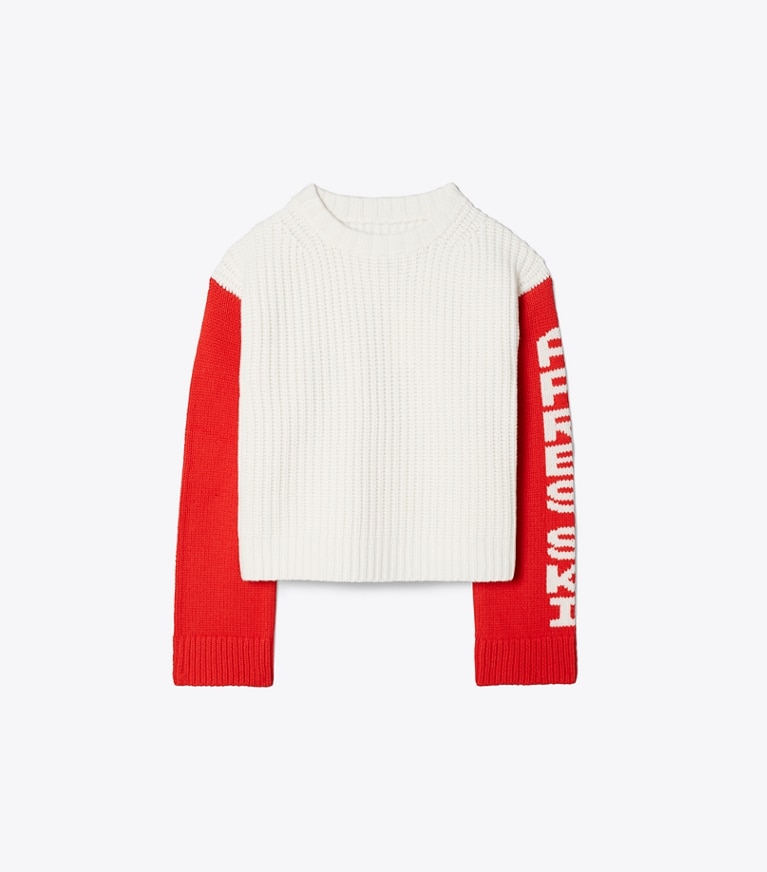 Tory Sport designer sweaters Merino Aprés Ski Sweater in Snow White / Red front