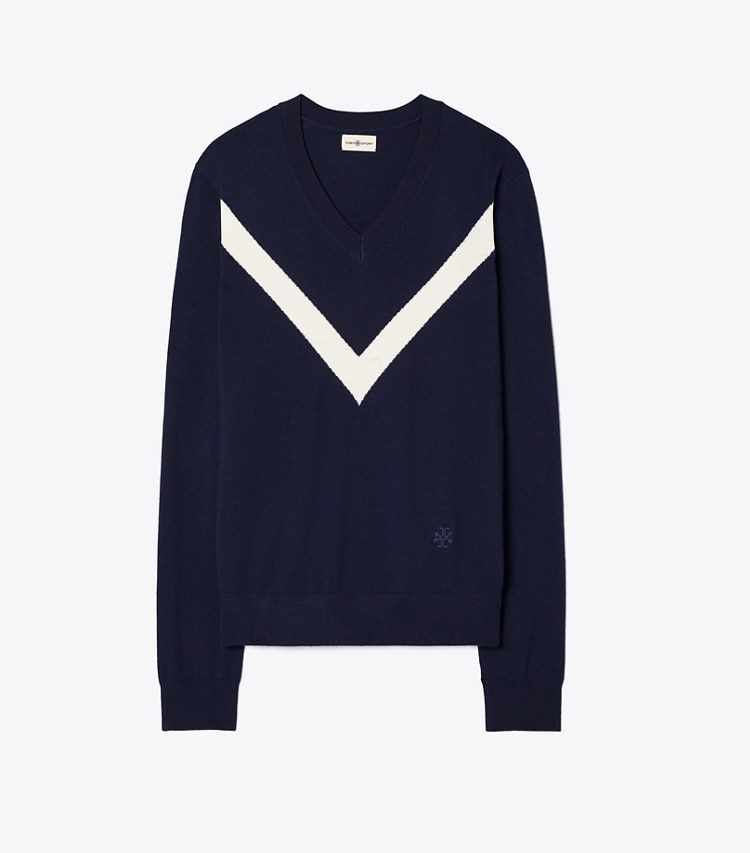 Tory Sport designer sweaters Merino Chevron Sweater in Tory Navy / New Ivory front
