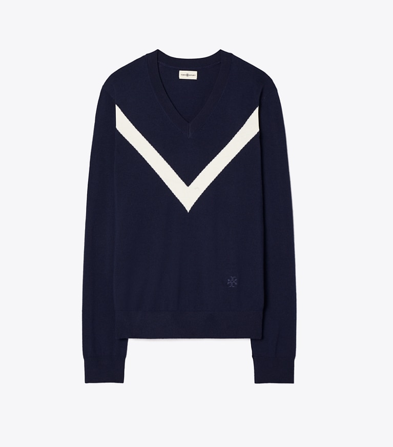 Tory Sport designer sweaters Merino Chevron Sweater in Tory Navy / New Ivory front