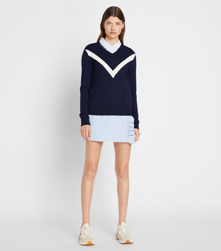Tory Sport designer sweaters Merino Chevron Sweater in Tory Navy / New Ivory front