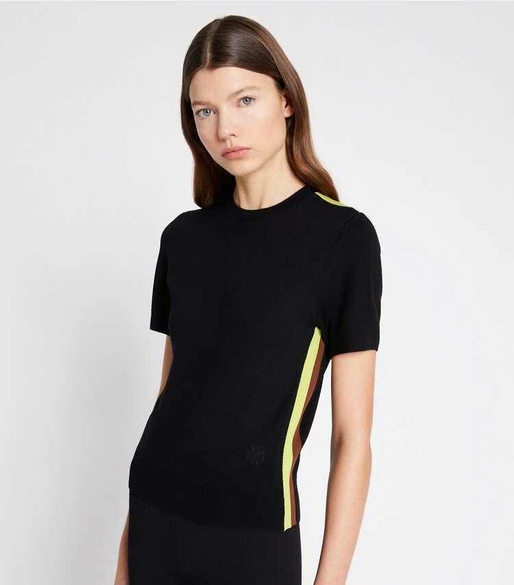 Tory Sport designer sweaters Merino Double-Stripe Short-Sleeve Sweater in Sport Black on model detail