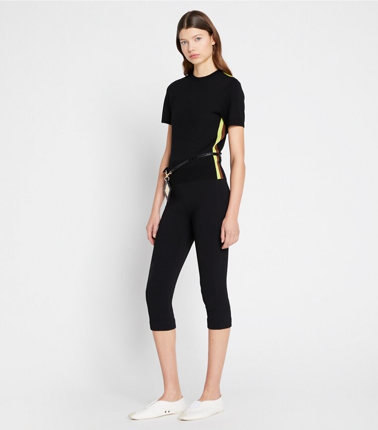 Tory Sport designer sweaters Merino Double-Stripe Short-Sleeve Sweater in Sport Black on model front