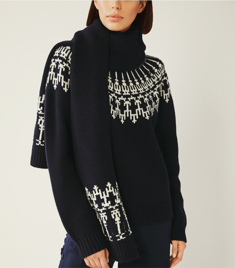 Tory Sport designer Merino Fair Isle Scarf in Tory Navy Mountain Fairisle accessory on model