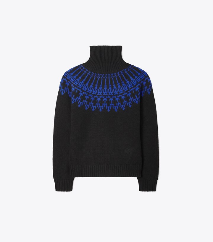 Tory Sport designer sweaters Merino Fair Isle Sweater in Sport Black / Cobalt Mountain Fair Isle front