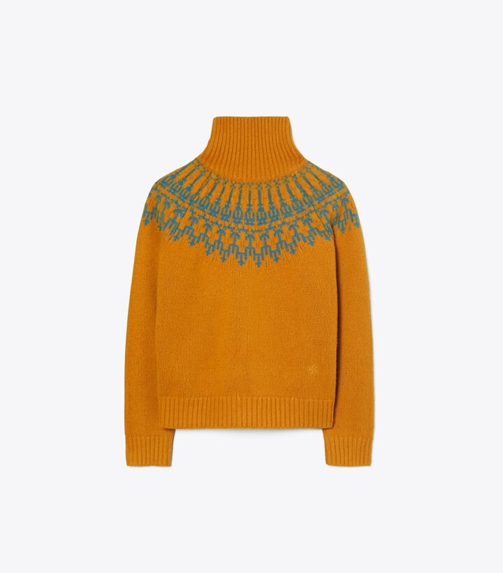 Tory Sport designer sweaters Merino Fair Isle Sweater in Orange Rust Mountain Fair Isle front