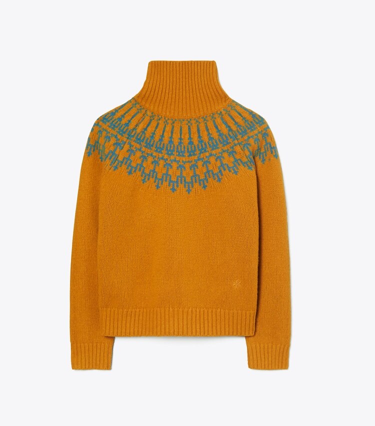 Tory Sport designer sweaters Merino Fair Isle Sweater in Orange Rust Mountain Fair Isle front