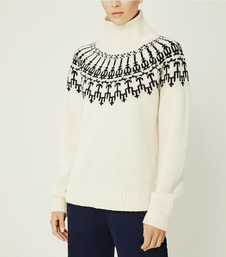 Tory Sport designer sweaters Merino Fair Isle Sweater in Snow White Mountain Fair Isle front