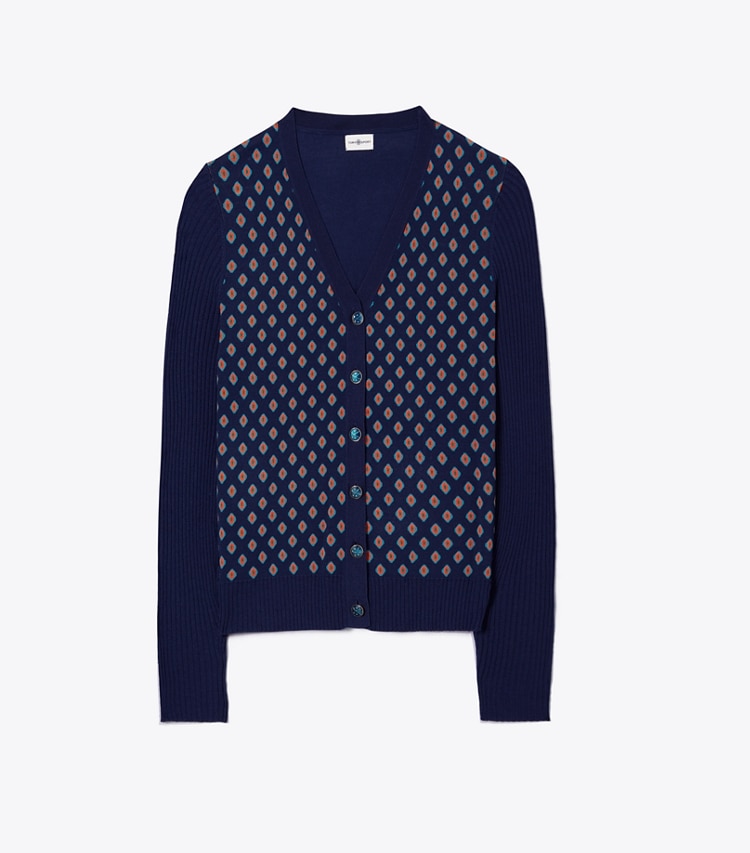 Tory Sport designer sweaters Merino Jacquard-Front Cardigan in Tory Navy Diamond Toss / Tory Navy front