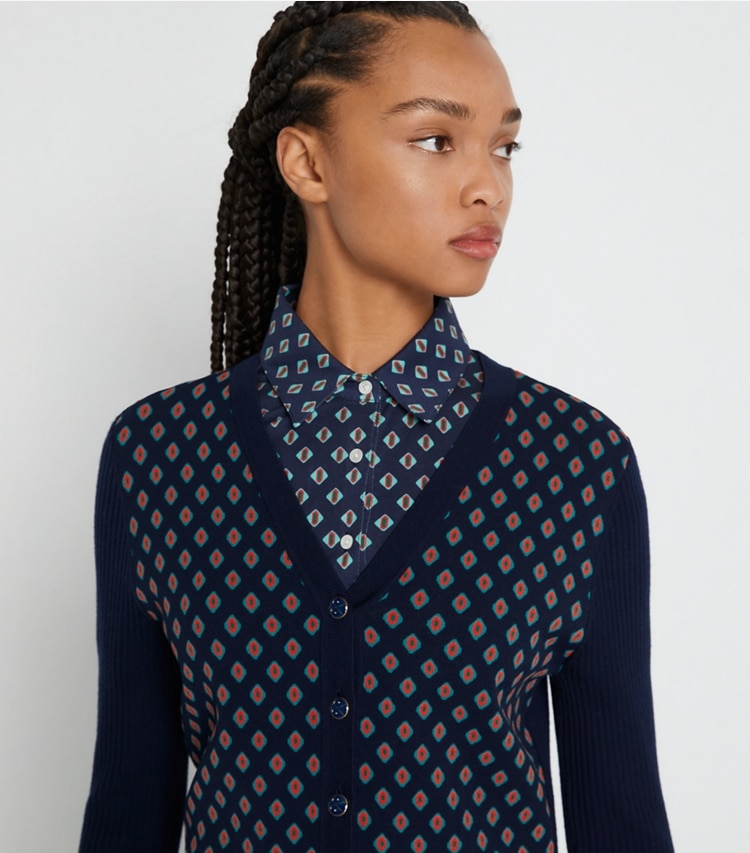 Tory Sport designer sweaters Merino Jacquard-Front Cardigan in Tory Navy Diamond Toss / Tory Navy on model detail