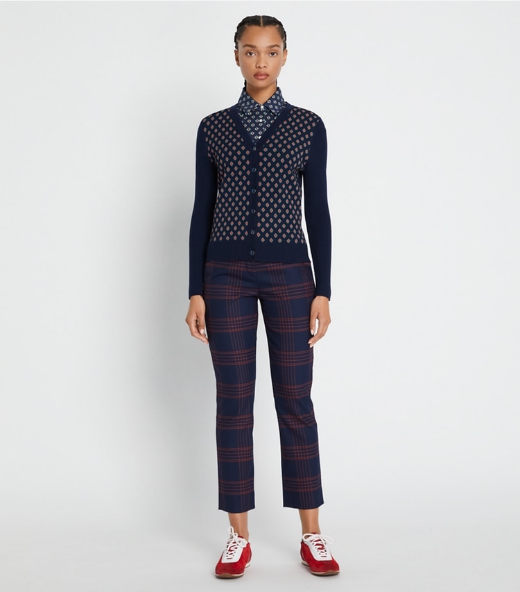 Tory Sport designer sweaters Merino Jacquard-Front Cardigan in Tory Navy Diamond Toss / Tory Navy on model front