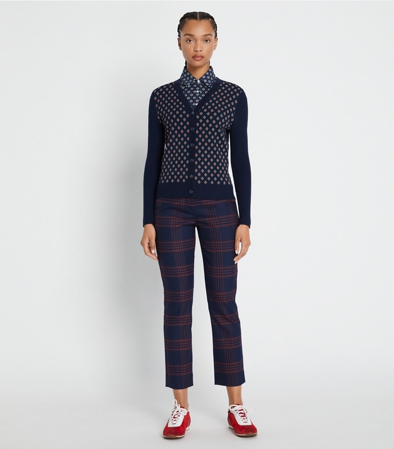 Tory Sport designer sweaters Merino Jacquard-Front Cardigan in Tory Navy Diamond Toss / Tory Navy front