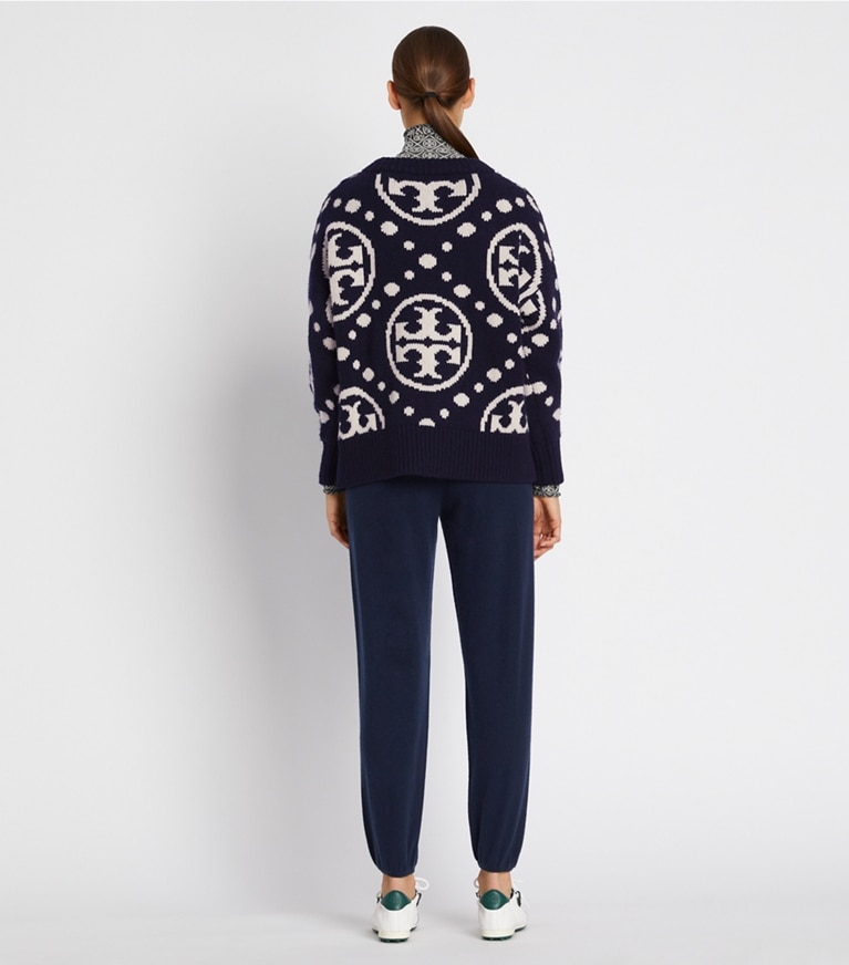 Tory Sport designer sweaters Merino Monogram Crewneck Sweater in TORY NAVY T MONOGRAM JUMBO SPORT front