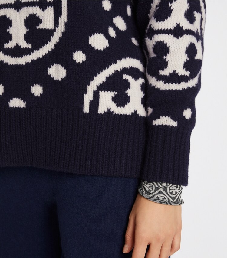 Tory Sport designer sweaters Merino Monogram Crewneck Sweater in TORY NAVY T MONOGRAM JUMBO SPORT on model detail