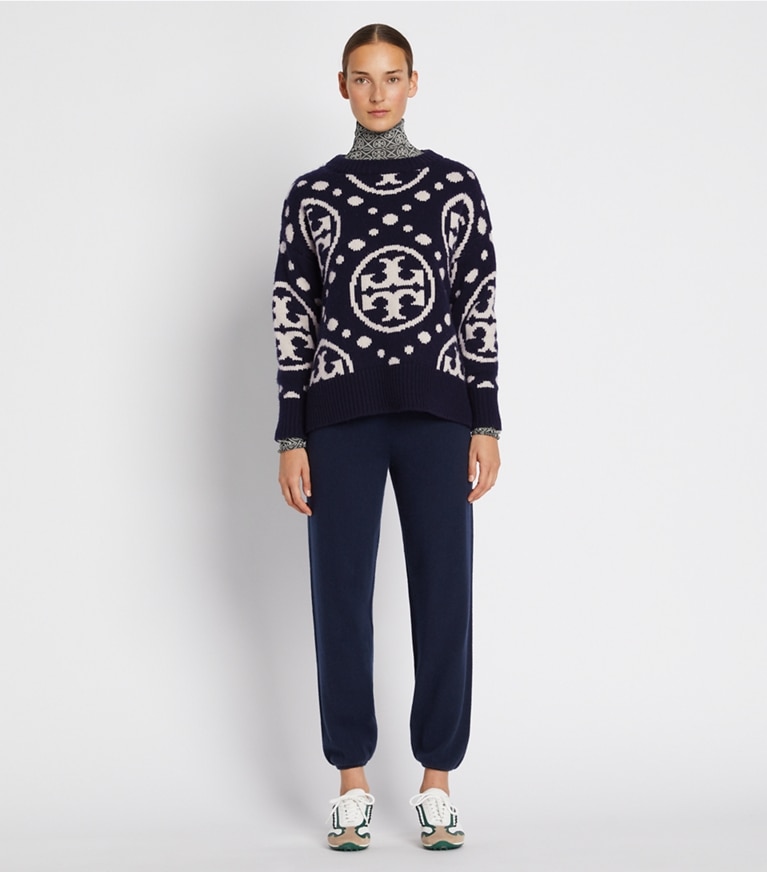 Tory Sport designer sweaters Merino Monogram Crewneck Sweater in TORY NAVY T MONOGRAM JUMBO SPORT front