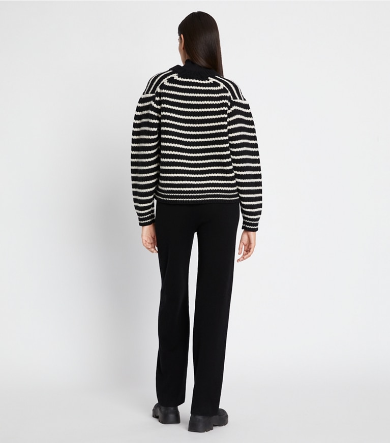 Tory Burch designer sweaters Merino Striped Logo Sweater in Sport Black Breton Stripe front