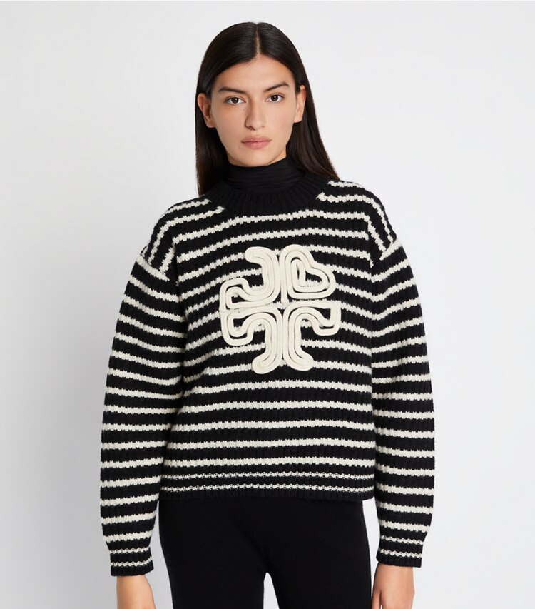Tory Burch designer sweaters Merino Striped Logo Sweater in Sport Black Breton Stripe on model detail