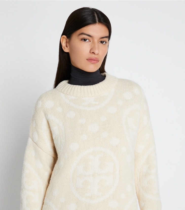 Tory Sport designer sweaters Merino T Monogram Sweater in Cream T MONOGRAM JUMBO SPORT on model detail