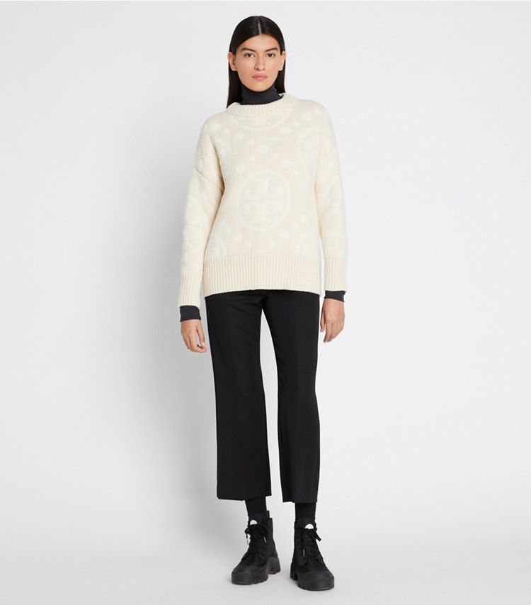 Tory Sport designer sweaters Merino T Monogram Sweater in Cream T MONOGRAM JUMBO SPORT on model front