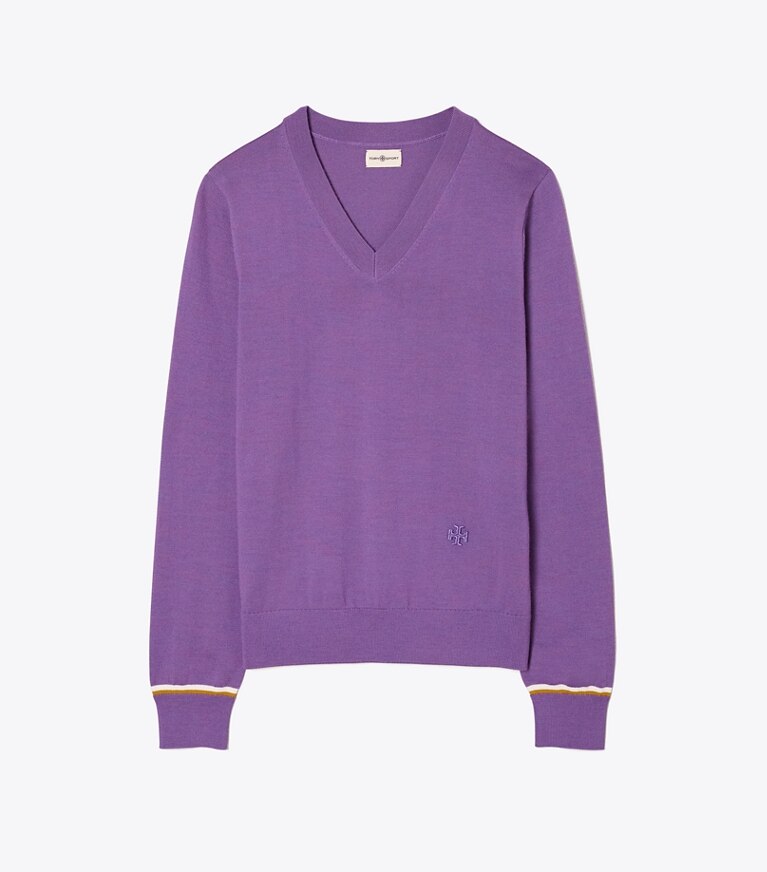 Tory Sport designer sweaters Merino V-Neck Sweater in Dark Lilac Heather front