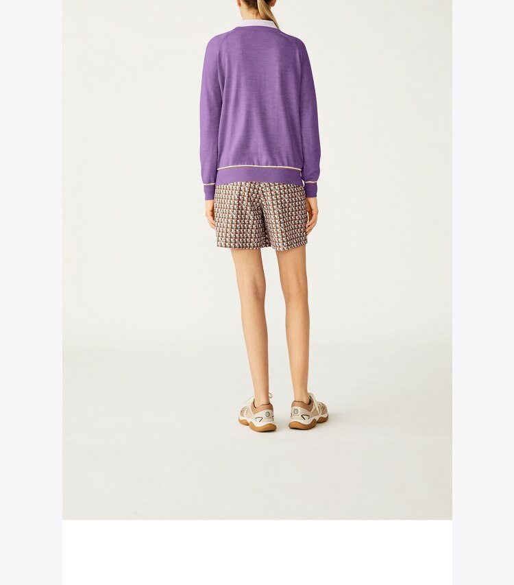 Tory Sport designer sweaters Merino V-Neck Sweater in Dark Lilac Heather on model back