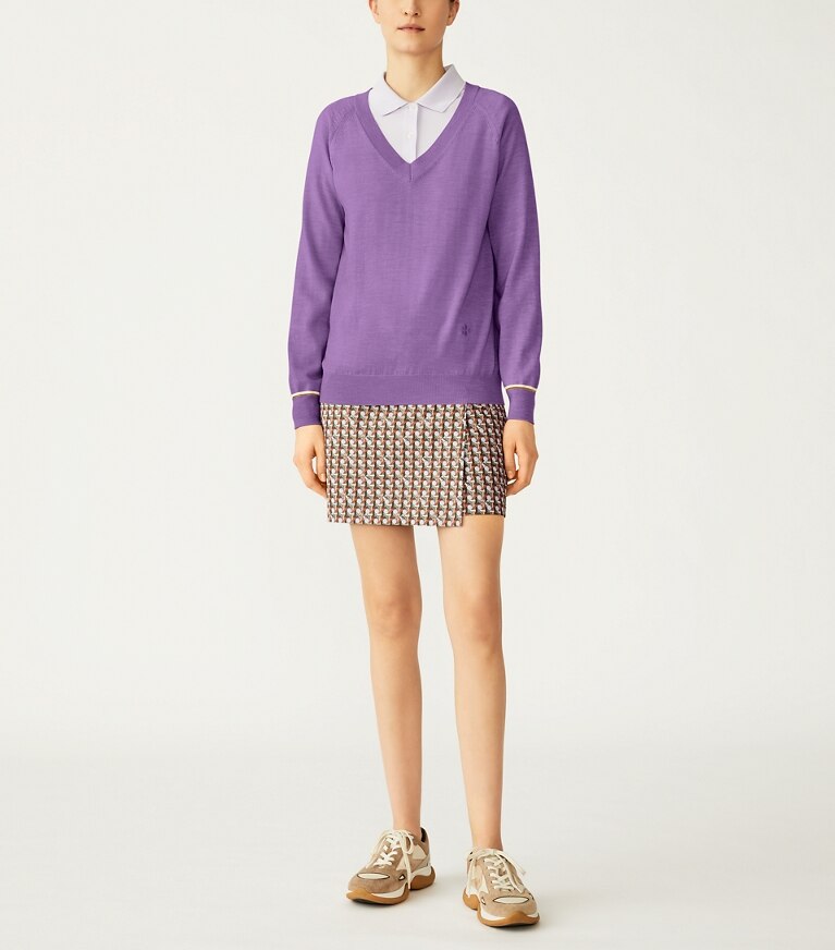 Tory Sport designer sweaters Merino V-Neck Sweater in Dark Lilac Heather front