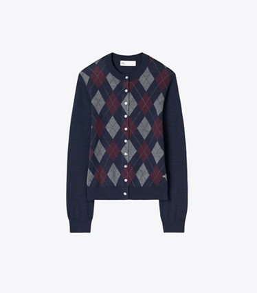 Tory Burch designer セーター メリノウール アーガイル カーディガン in Navy Argyle front