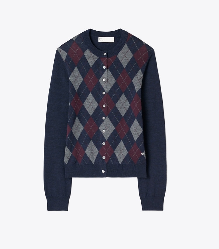 Tory Burch designer sweaters Merino Wool Argyle Cardigan in Navy Argyle front