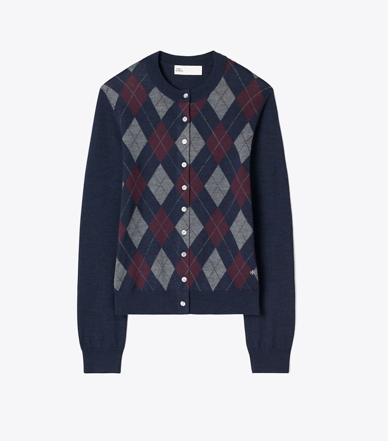 Tory Burch designer sweaters Merino Wool Argyle Cardigan in Navy Argyle front