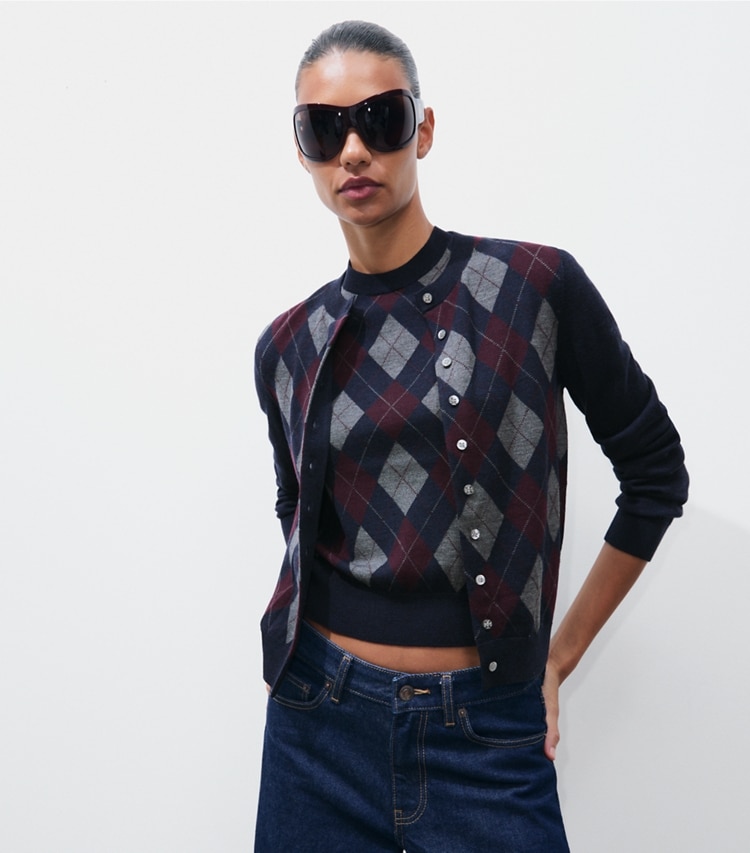 Tory Burch designer sweaters Merino Wool Argyle Cardigan in Navy Argyle on model detail