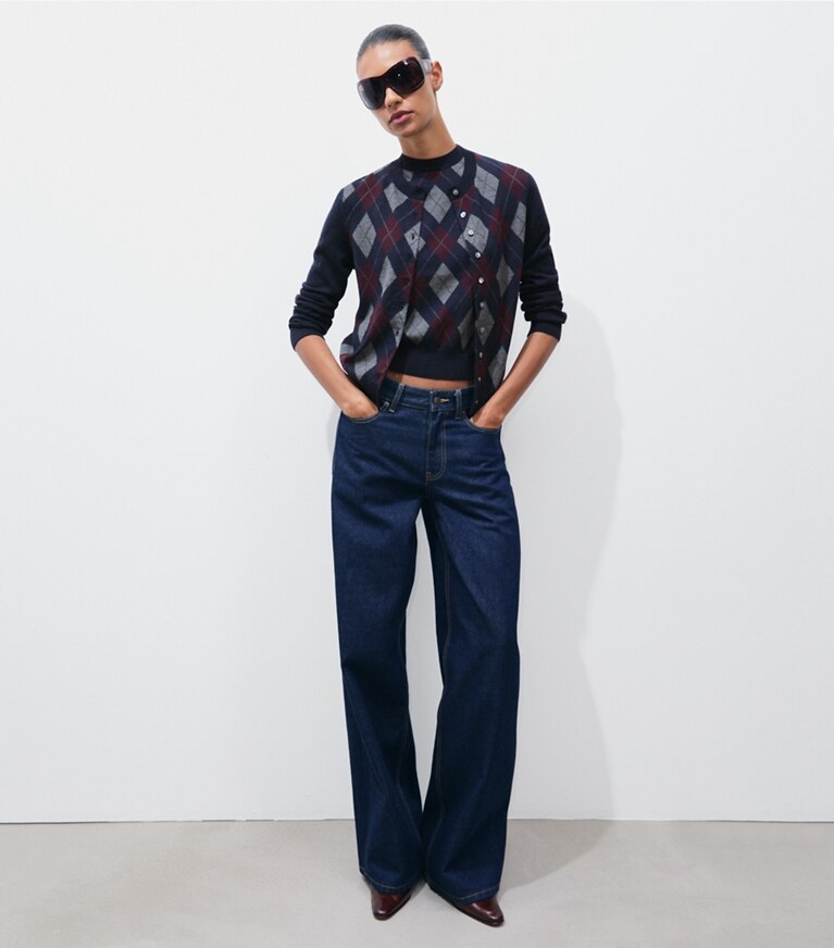 Tory Burch designer sweaters Merino Wool Argyle Cardigan in Navy Argyle on model front