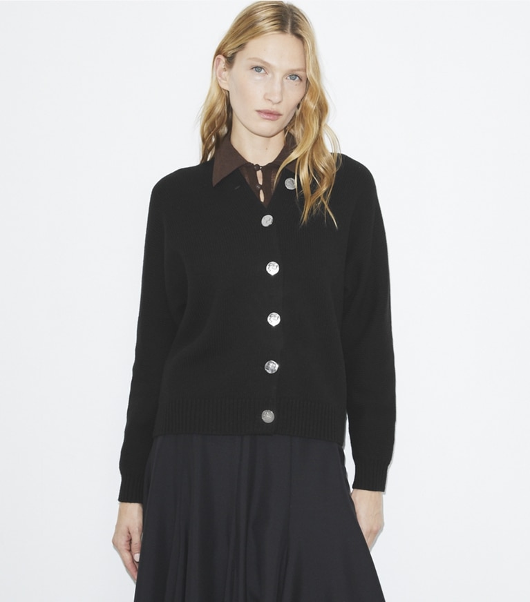 Tory Burch designer sweaters Merino Wool Cardigan in Black front