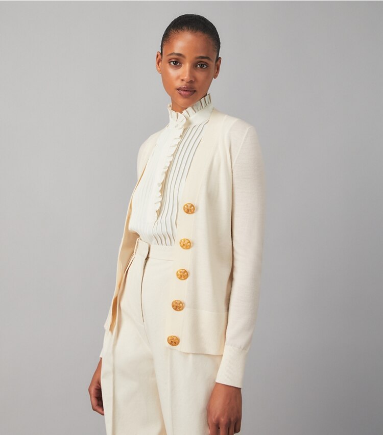Tory Burch designer sweaters Merino Wool Cardigan in New Ivory on model detail